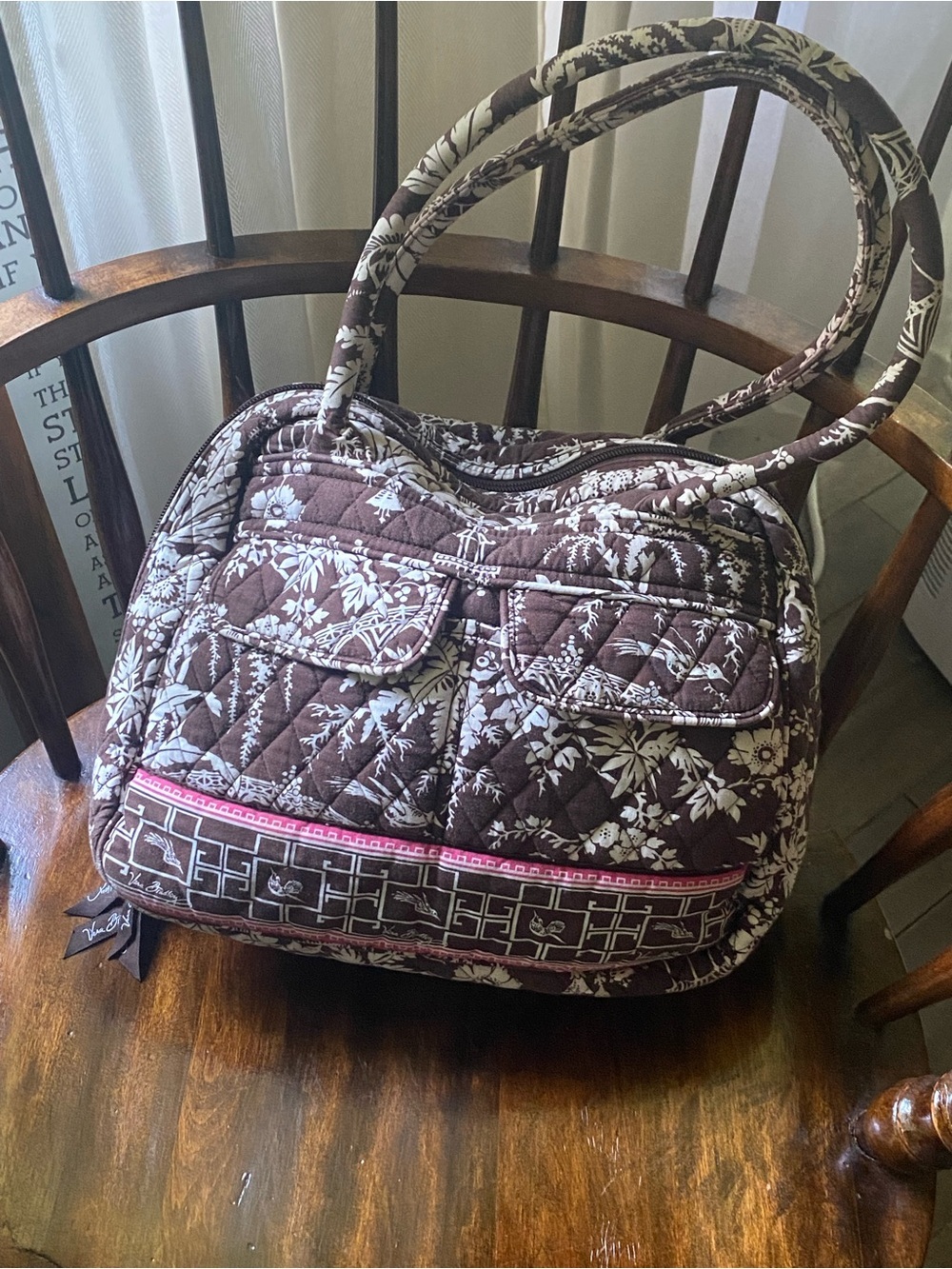 Vera Bradley Quilted Imperial Toile Shoulder Bag in Brown/White Floral.